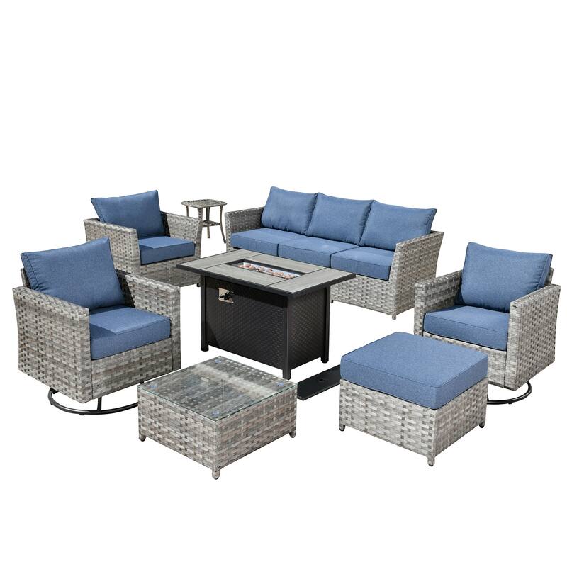 HOOOWOOO 10-piece Rattan Wicker Sectional Sofa Patio Furniture Set with Fire Pit Table