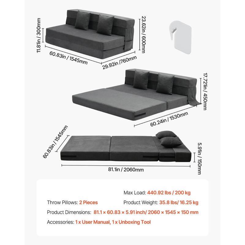 Foam Folding Sofa Bed with Ergonomic Support and Throw Pillows - 81.1” L x 60.83” W x 5.91” H