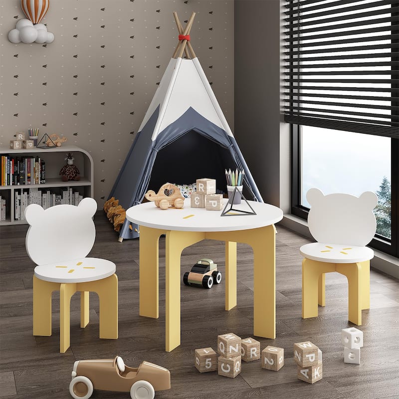 Kids Table and Chair Set, 3-Piece Toddler Table with 2 Chairs, Cute Bear-Back Chairs, Sturdy Wooden Activity Table Set