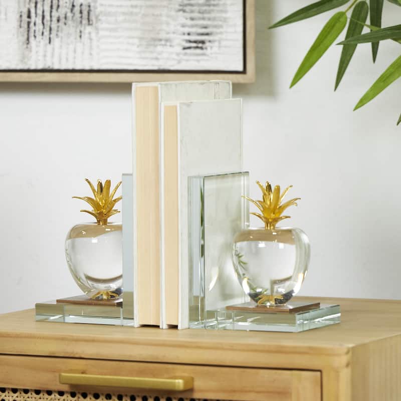 Crystal Fruit Apple Decorative Bookends with Gold Leaves - Set of 2 Clear - Roche River Decor