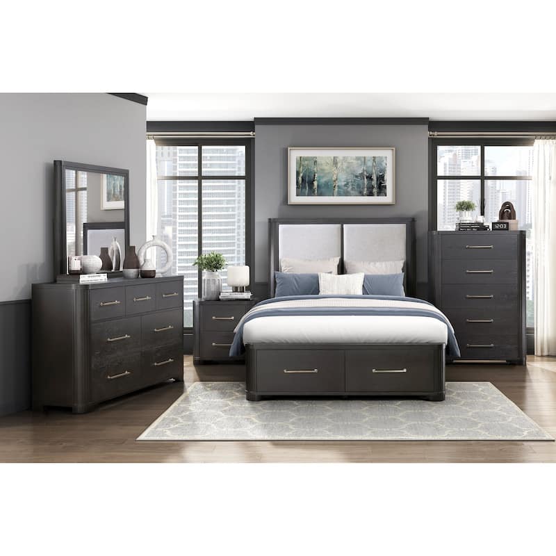Charcoal Finish Modern Luxury Bedroom Set 5pc Storage Bed Dresser Mirror Nightstand Chest Furniture