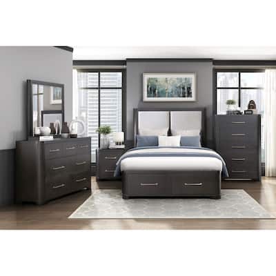 Charcoal Finish Modern Luxury Bedroom Set 5pc Storage Bed Dresser Mirror Nightstand Chest Furniture