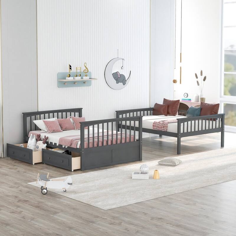 Full over Full Size Bunk Bed with 2 Drawers, Convertible Beds