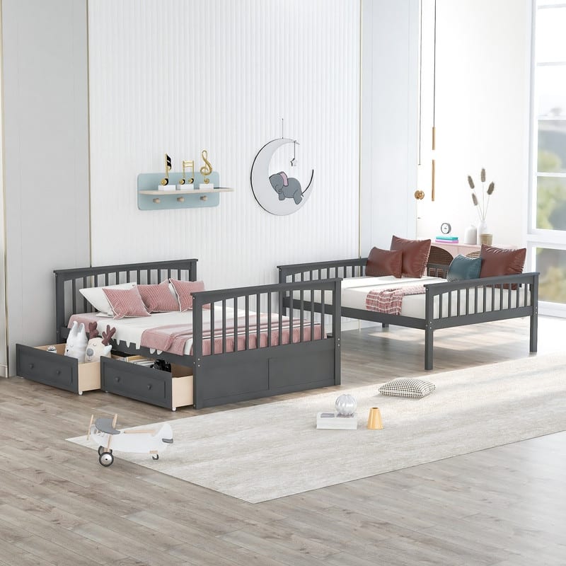 Full over Full Wooden Bunk Bed with Drawers, Convertible Beds