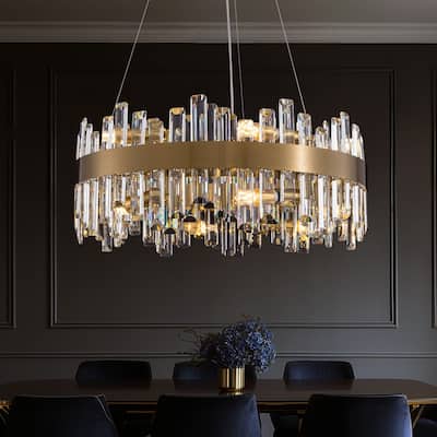 24 in. 2-Tier Modern Crystal Chandelier Brass Gold Round Crystal Raindrop Chandelier Contemporary Pendant Light for Dining Room