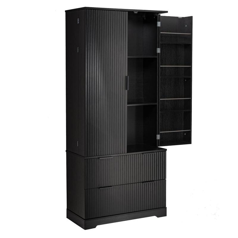 72" Fluted Kitchen Pantry Cabinet, Freestanding Cupboard Storage Cabinet with 2 Drawers for Smart Organization
