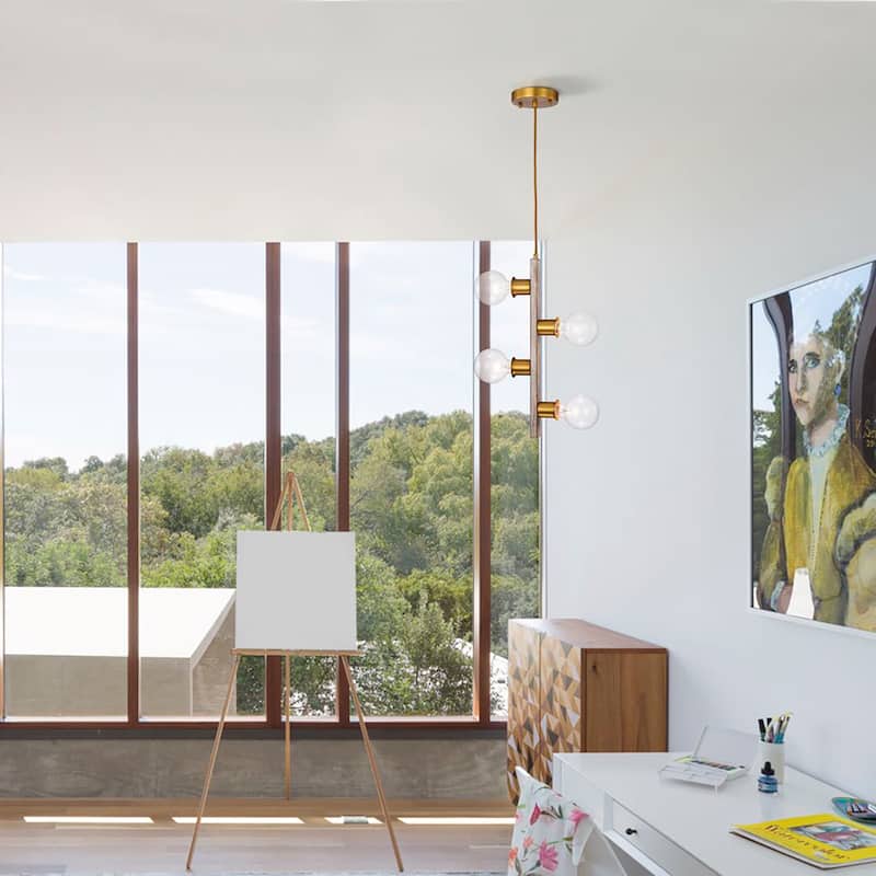Vertical Linear Pendant Light Wood Grain+Matte Gold 4-Light