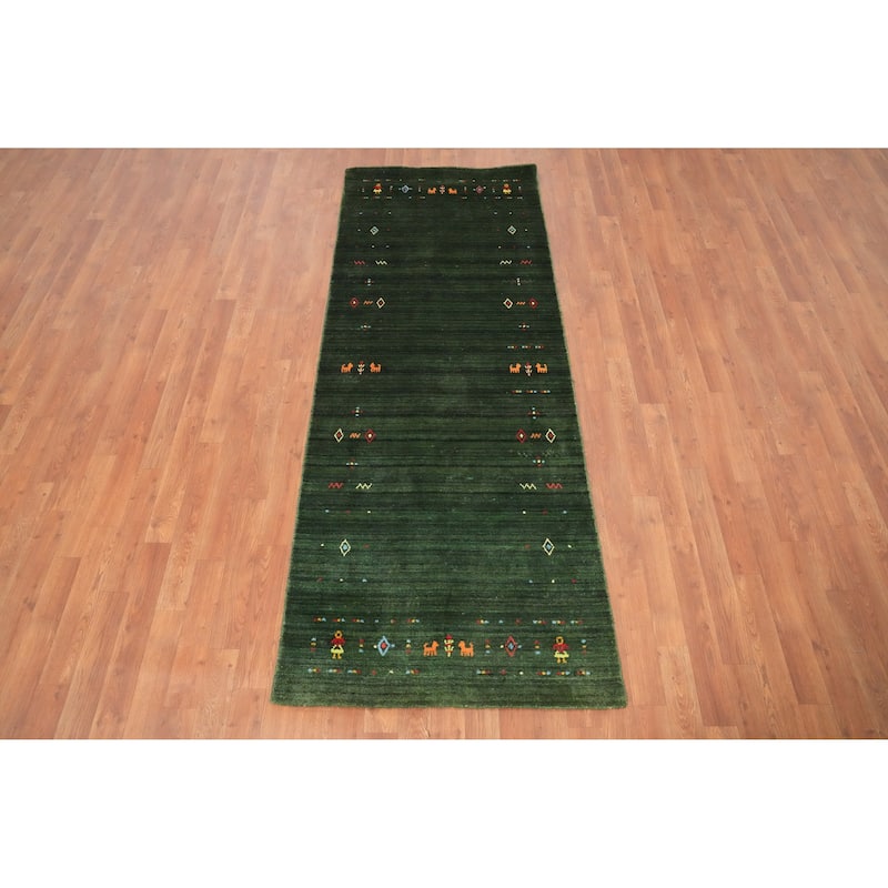 Hand Knotted Oriental Viscose Silk Carpet Tribal Animal Pictorial Green Gabbeh Runner Rug - 7' 5'' X 2' 10''