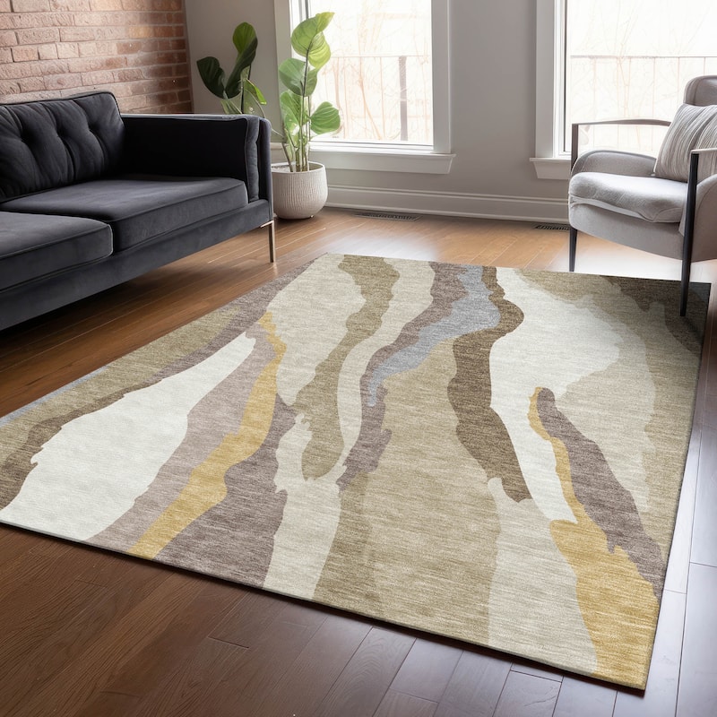 Machine Washable Indoor/ Outdoor Abstract Contemporary Chantille Rug - Beige - 9' x 12'