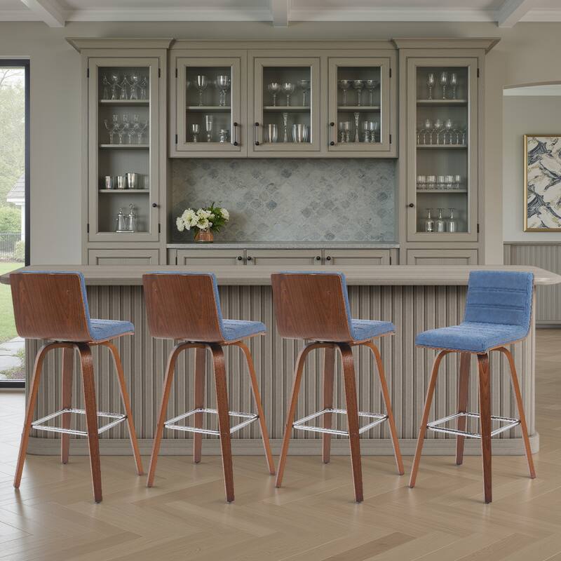 Skara Swivel Bar Stool, Upholstered Bar Height Chair with Bentwood Frame - Vintage Blue Faux Leather & Walnut - Set of 4