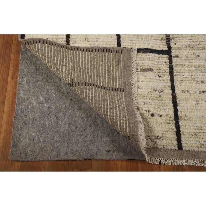 Geometric Moroccan Area Rug Hand-Knotted Beige Wool Carpet - 7'0" x 9'9"
