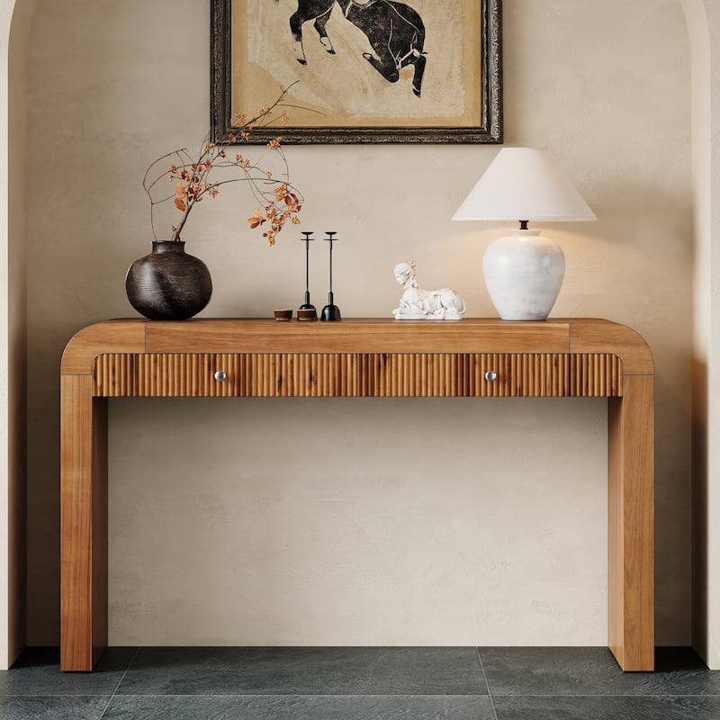 Roomfitters Rustic Console Table with Fluted organizer, Curved Corners and Thick Legs, Entryway or Sofa Table - Brown