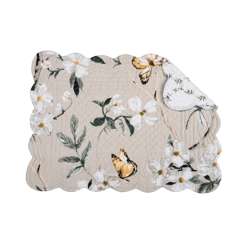 Dogwood Meadows Scalloped Placemats Set of 6 Floral Flowers, 13" x 19" - Beige