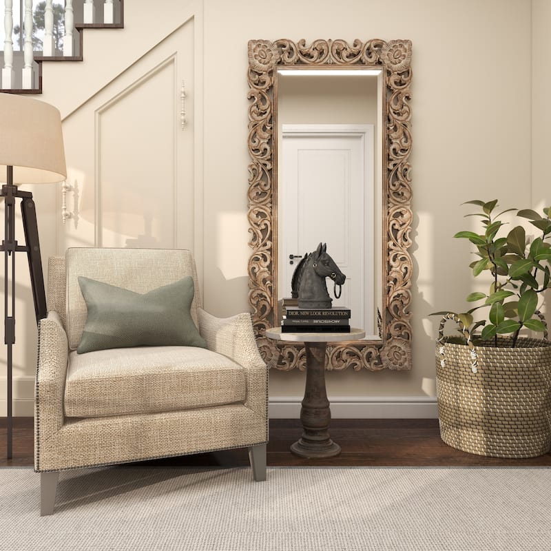 Light Brown Mango Wood Intricately Carved Floral Room Wall Mirror