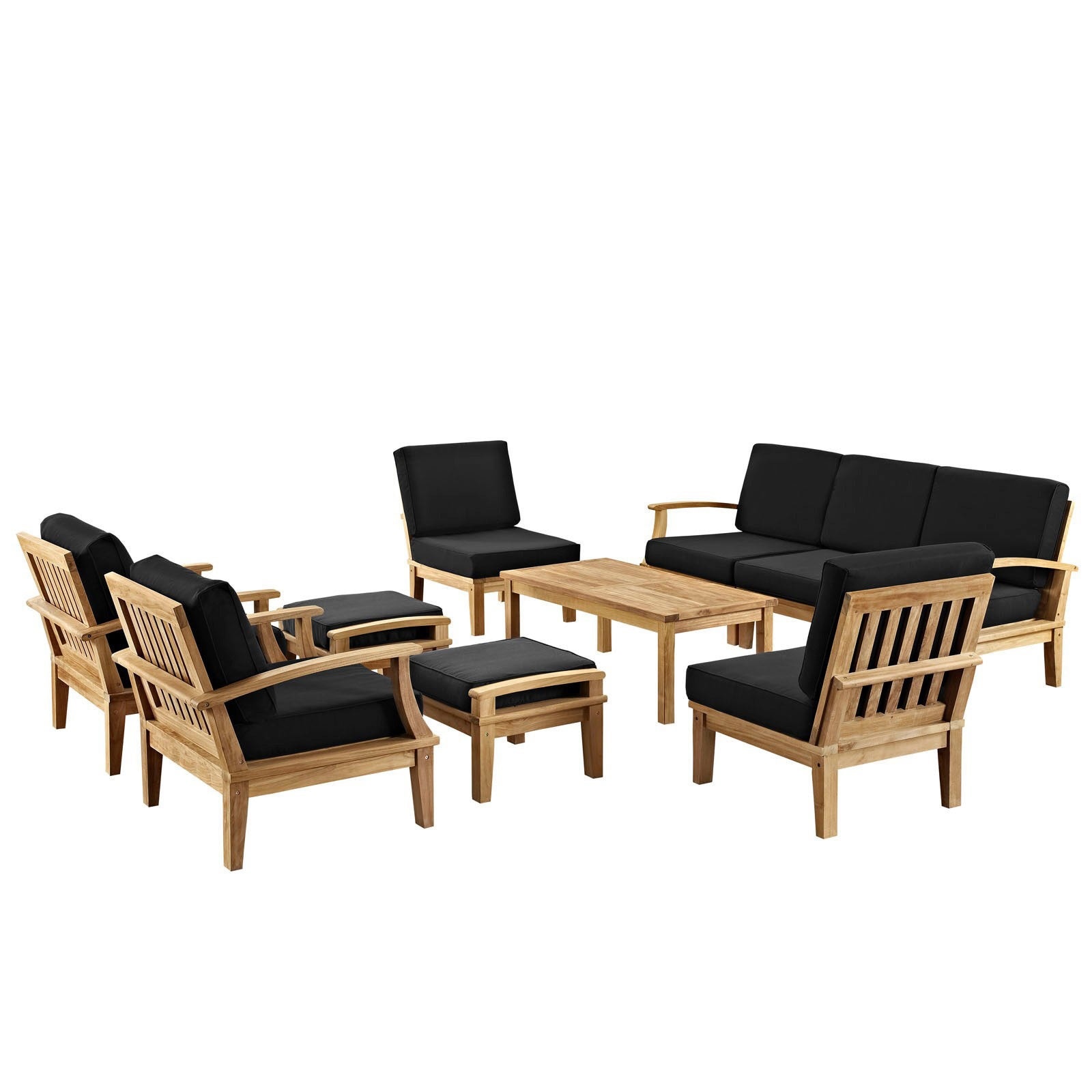 Outdoor wooden furniture set with black cushions including sofa, chairs, and matching ottomans around a rectangular coffee table