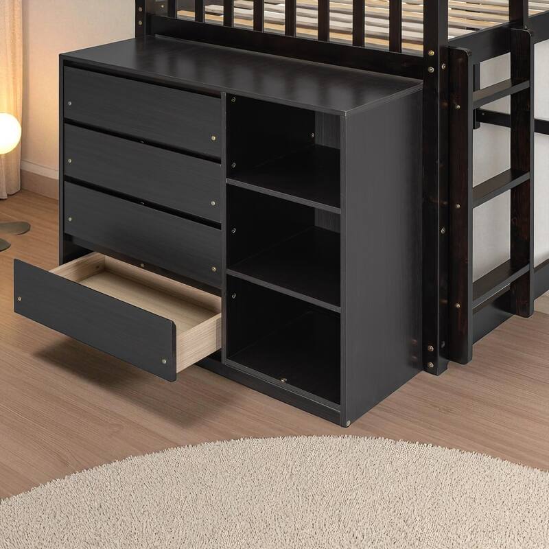 Twin over Twin or Full over Full Bunk Bed with Storage Drawers, Shelves, and Reversible Ladder