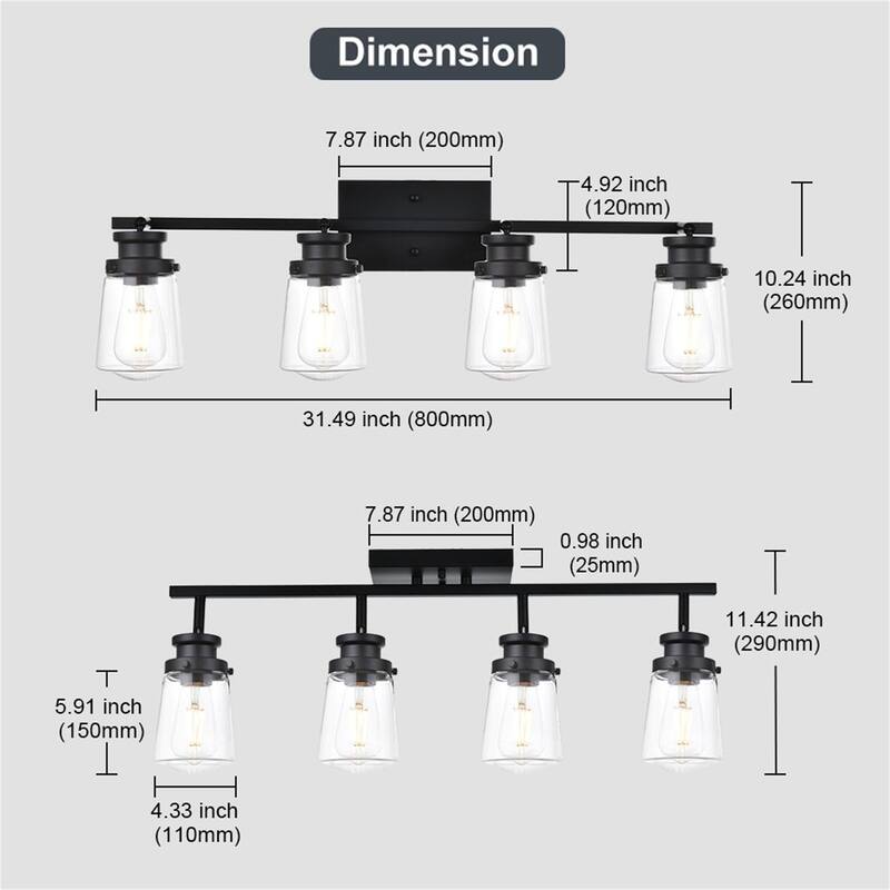 4-Light Black Wall Sconce with Clear Glass Shades