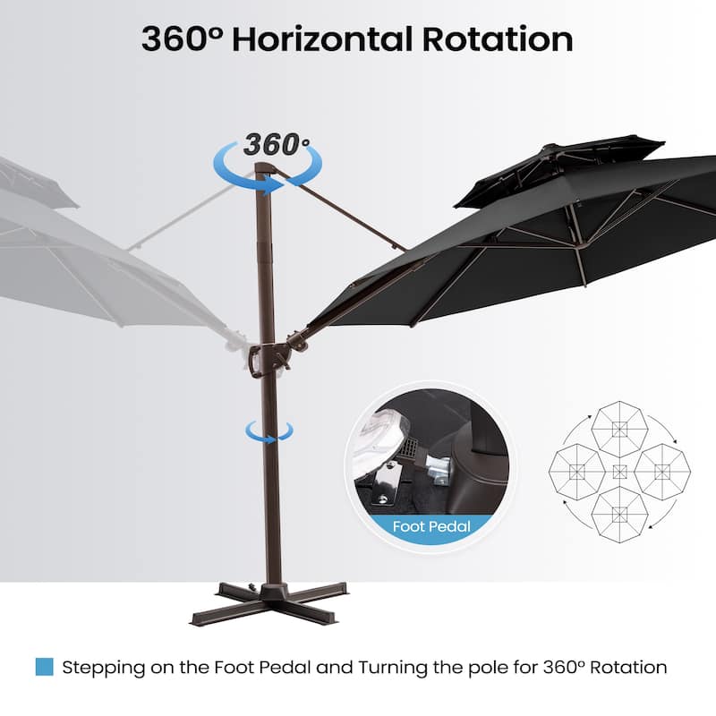 11 FT Outdoor Solar-Powered LED Light Aluminum Double Top Patio Cantilever Umbrella with Fillable Base