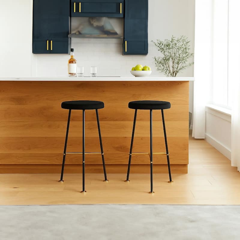 Elira 24.5 Backless Barstool with Round Mango Wood Seat | PVD Coating | Black Iron Legs | Gold Footrest