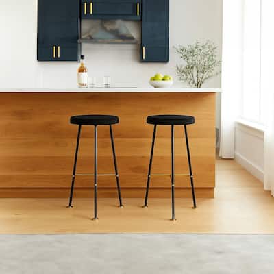 Elira 24.5 Backless Barstool with Round Mango Wood Seat | PVD Coating | Black Iron Legs | Gold Footrest
