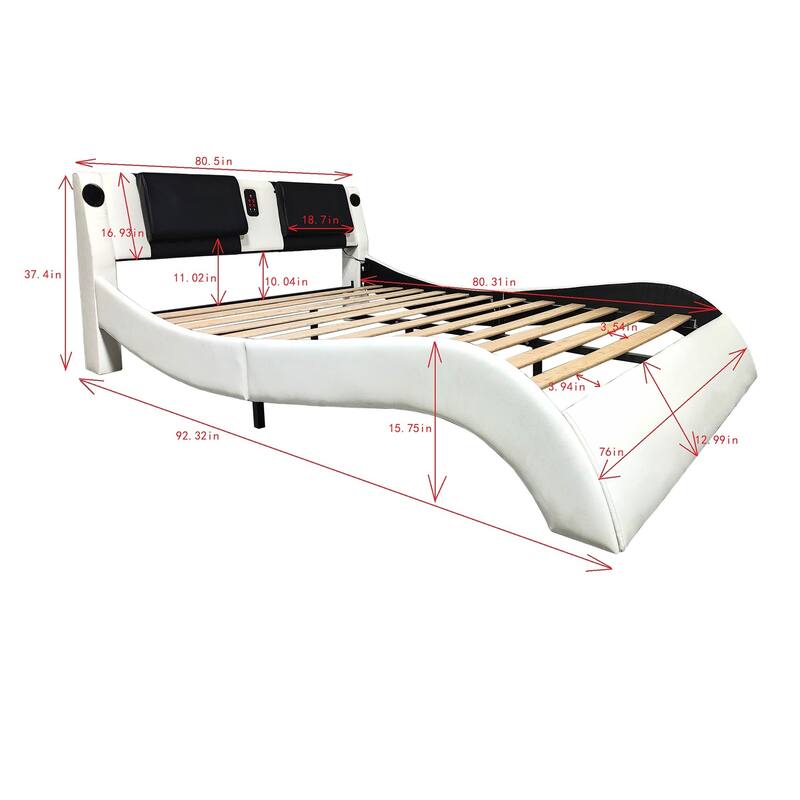 King/Queen Faux Leather Platform Bed with LED, Bluetooth Speakers & Backrest Massage