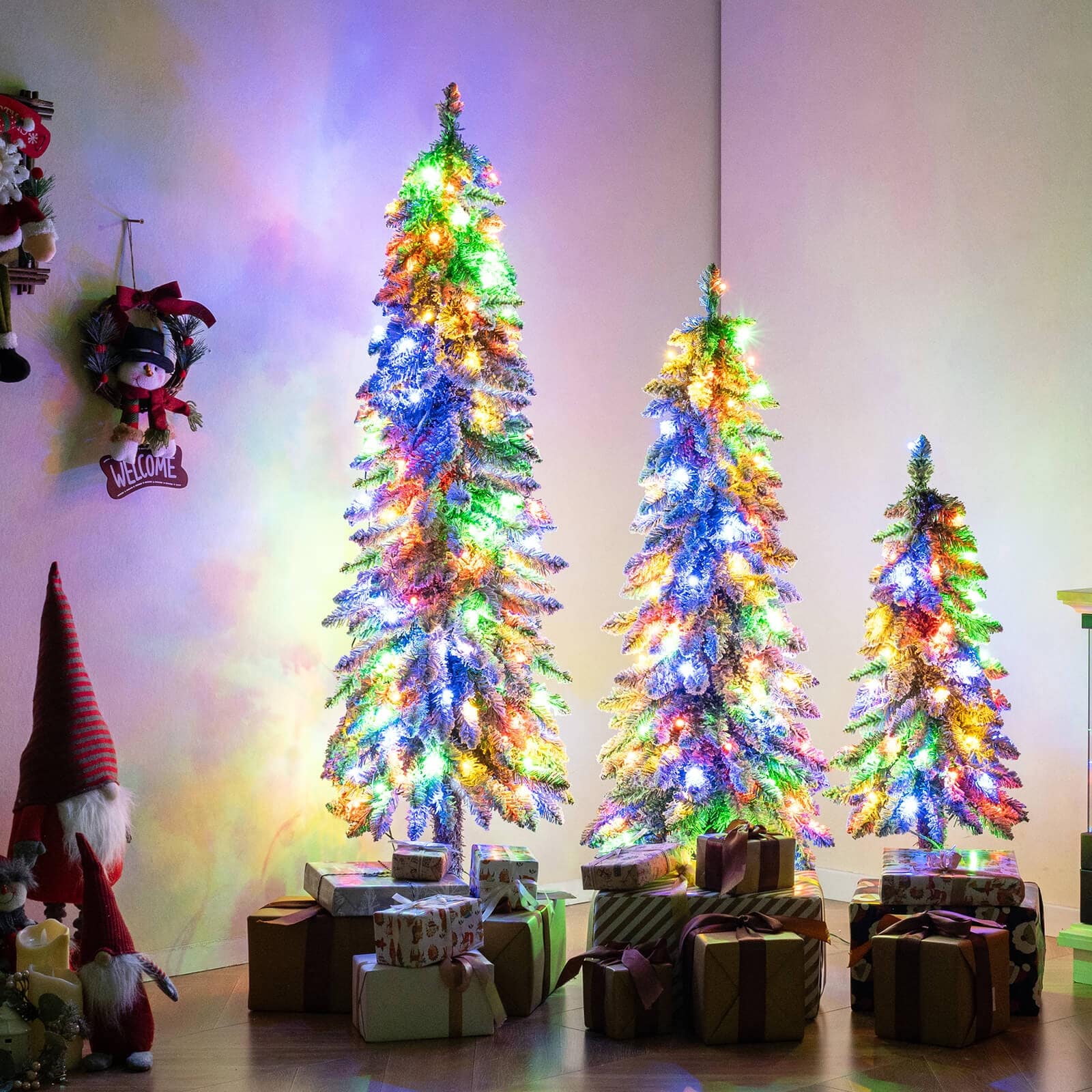 Costway 3’ 4’ 5’ Artificial Christmas Tree Set of 3 with 115 + 207 + - Green & White - See Details