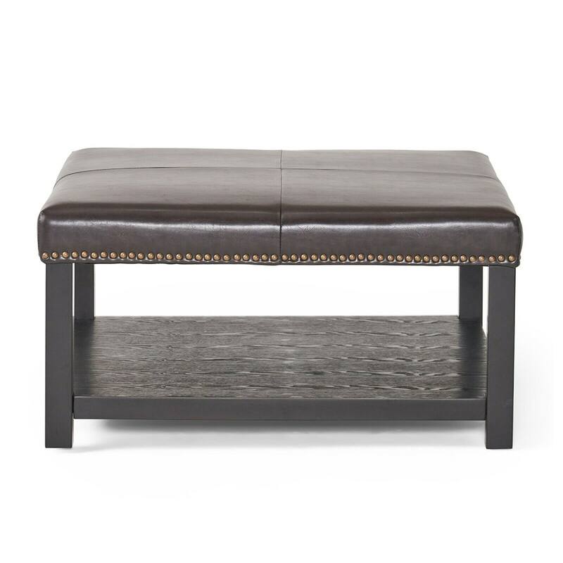 Contemporary Upholstered Birch Wood Ottoman with Shelf