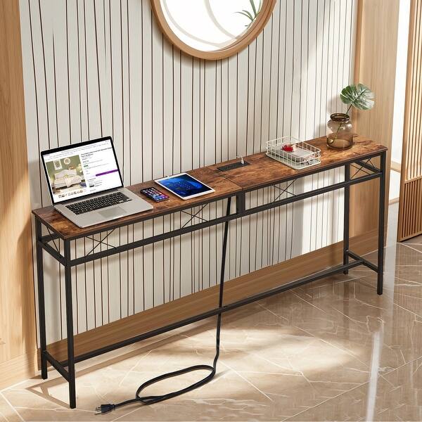 Multi Purpose Console VECELO Industrial Rectangular Console Table with AC Power and USB ...