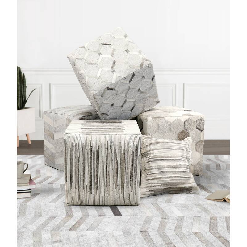 Pasargad Home Galaxy Cowhide Ottoman 18", Silver/Grey