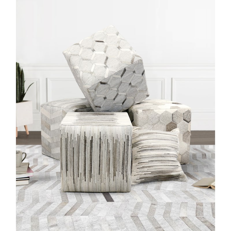 Pasargad Home Galaxy Collection Cowhide Square Ottoman, Silver