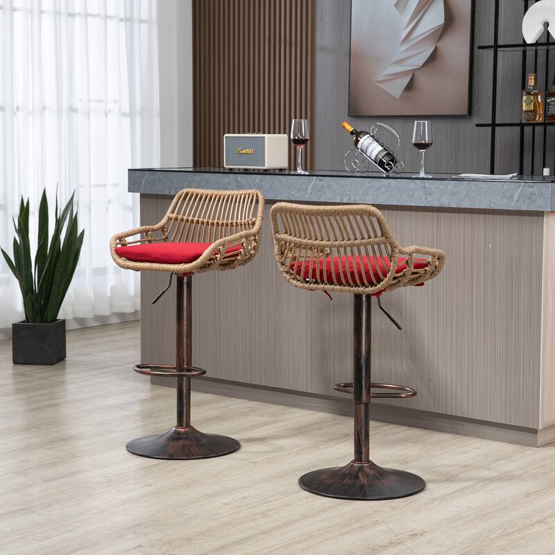 360° Swivel Bar Stools Set of 2, Adjustable Counter Height Chairs with Footrest, Rattan Bar Chairs with Cushions