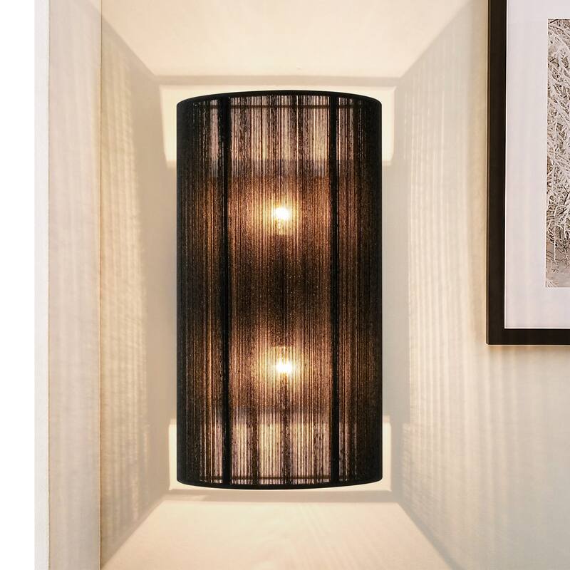 2-Light Modern Boho Natural Ivory/Black Hand-Woven Rope Fabric Flush Mount Wall Sconces - Black - 2 Light