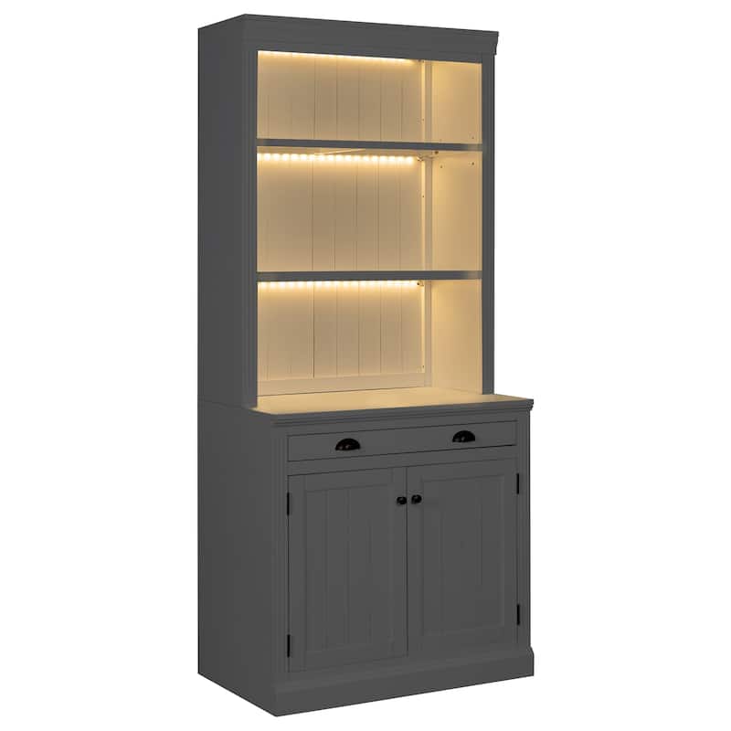 Merax LED-Lit Modern Tall Bookcase with Adjustable Shelves, Drawer & Cabinet