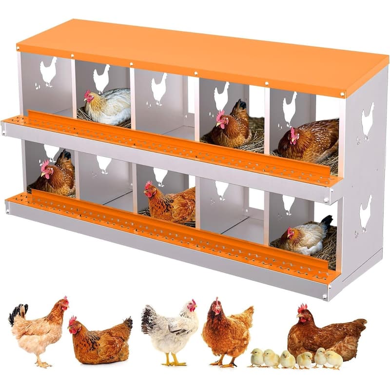 10 Compartment Metal Chicken Nesting Box, Laying Box for Hens Ducks Rabbits, Orange - Orange without Legs