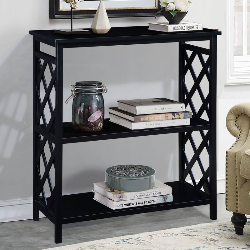 Console Table 3-Tier with Storage Shelves,Open Bookshelf Bookcase with Solid Wood Legs