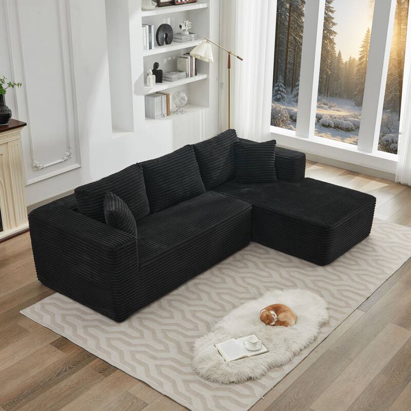 106" L-Shape Sectional Couch with Right Chaise, Deep Seat Modern Sofa, Black Corduroy, No Assembly