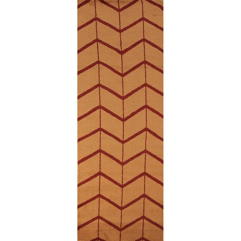 Hand Knotted Oriental 100% Wool Carpet Modern Geometric Oranges & Rust Moroccan Runner Rug - 9' 10'' X 2' 9''