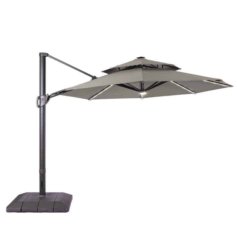 LIVOOSUN 11Ft LED Patio Hanging Double Top Octagon Cantilever Umbrella with 360-degree Rotating Canopy, Red