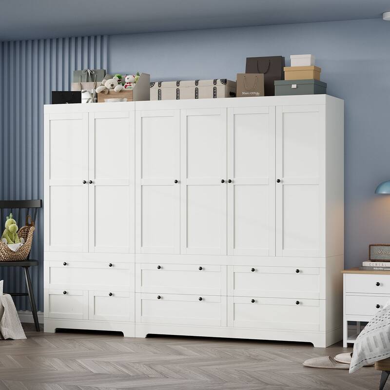 Gyomojoy Large White Wardrobe Closet with Drawers & Doors, Modular Armoire with Hanging Rods, Apartment & Dorm Storage
