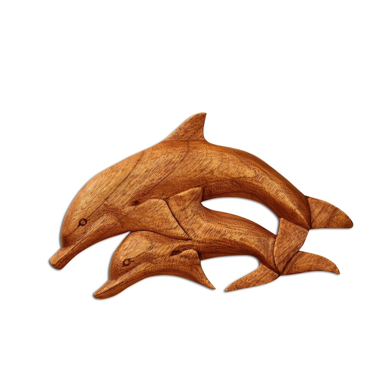 Wooden 2 Dolphins Wall Art Decor Plaque Hanging Sculpture Hand Carved Accent Handcrafted Handmade Seaside Tropical Nautical