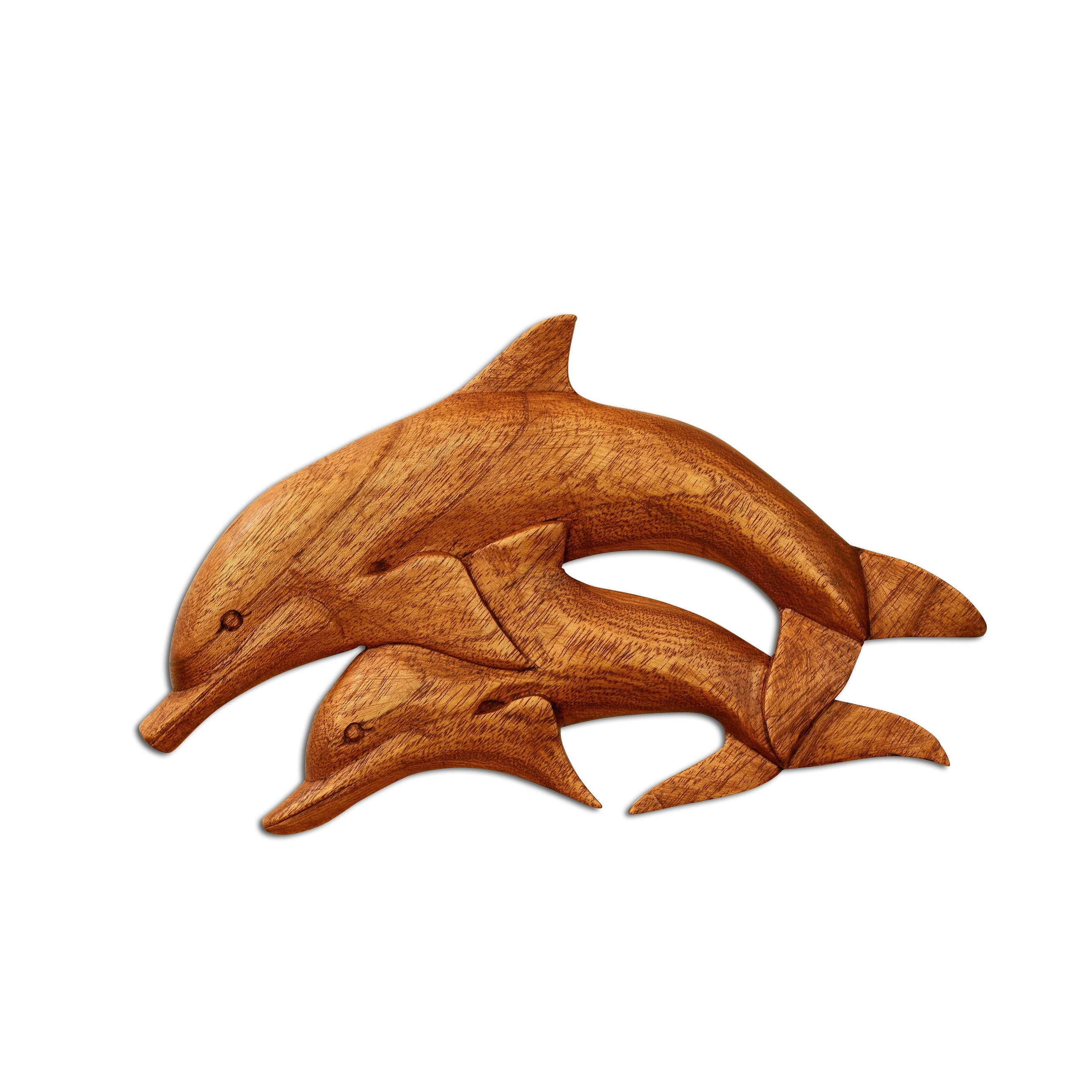 Wooden 2 Dolphins Wall Art Decor Plaque Hanging Sculpture Hand Carved Accent Handcrafted Handmade Seaside Tropical Nautical