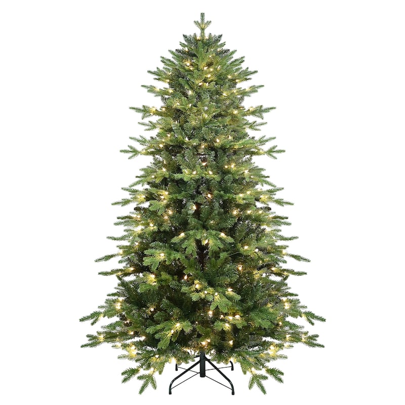 4FT Green PVC+PE Christmas Tree with 150 Warm White UL Lights-919 Tips,Hinged Branch Design, Realistic Needles