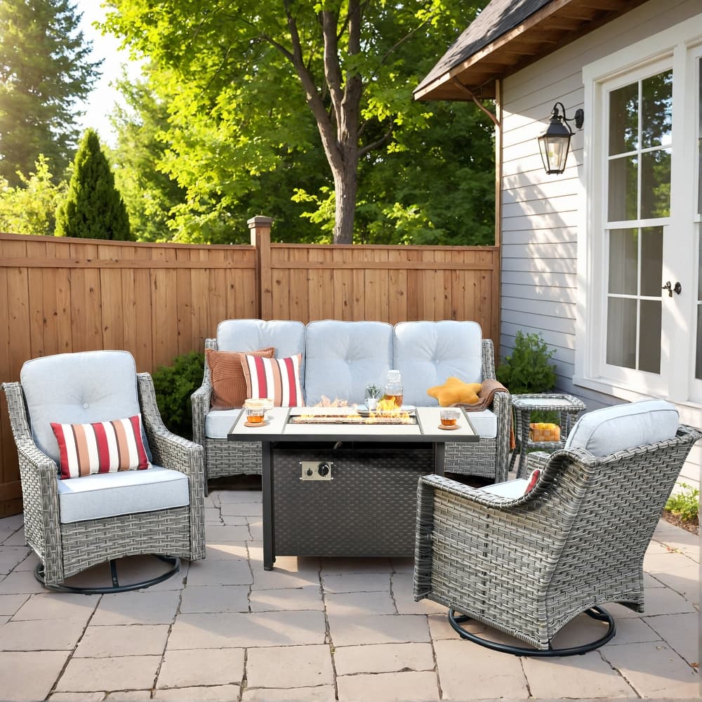 HOOOWOOO 5-piece Wicker Outdoor Furniture Swivel Chairs Set with Fire Pit