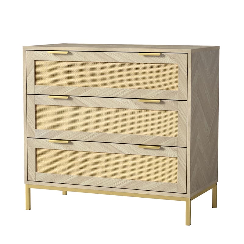 Anmytek Modern 3-Drawer Wood Rattan Dresser Chest of Drawers Storage Cabinet for Bedroom Living Room