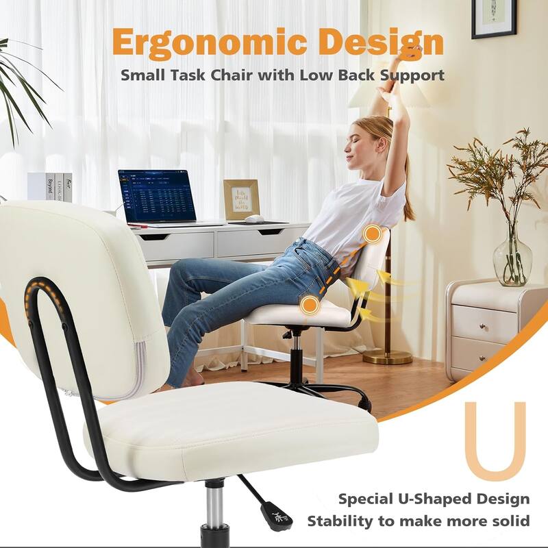 Small Office Computer Desk Chair with Wheels and Lumbar Support, Comfy Cute Armlees PU Leather Vanity Rolling Swuvel Task Chair