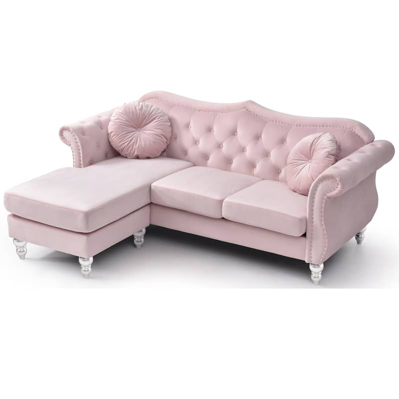 Tufted Velvet Chesterfield Sectional Sofa with Throw Pillows - 81" - Pink
