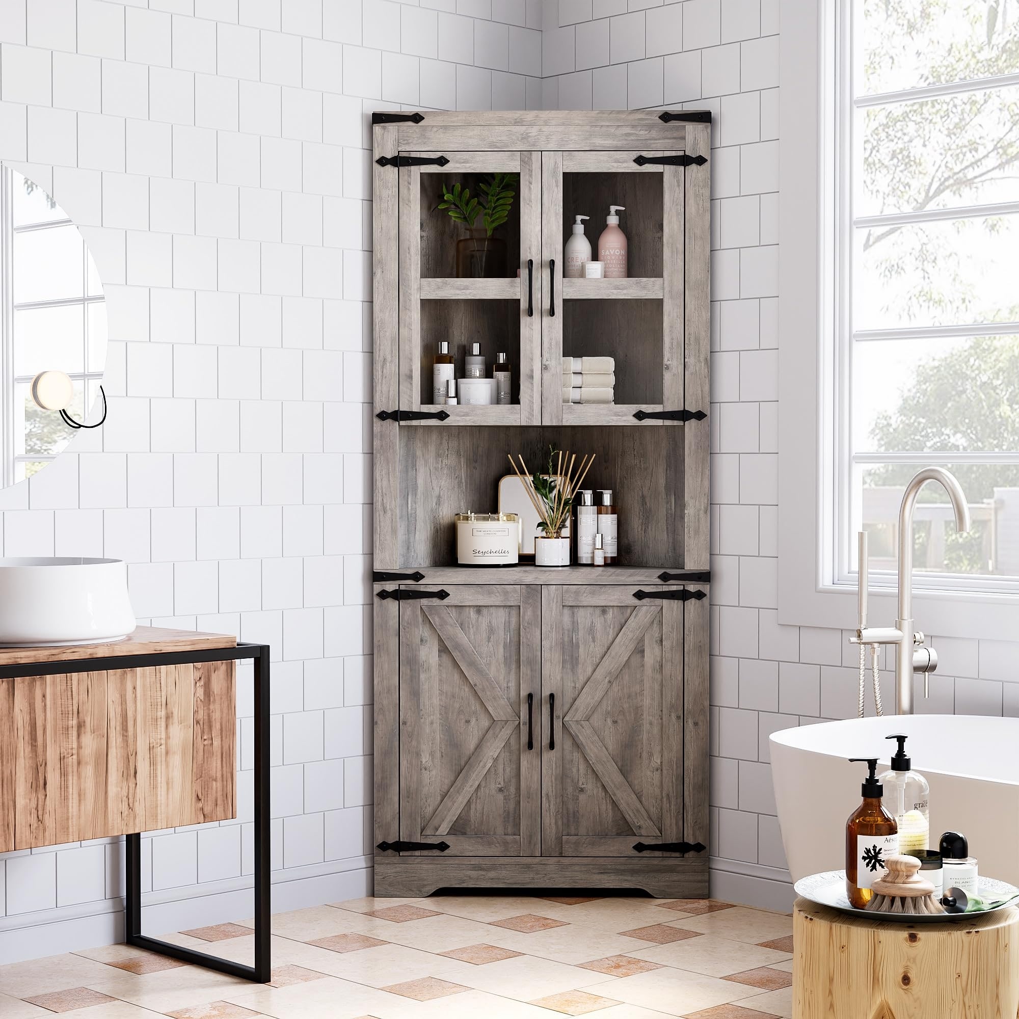 Tall Corner Storage Cabinet, Bathroom Floor Storage Cabinet with Doors and Adjustable Shelves - White - No Drawers, image size:2000x2000