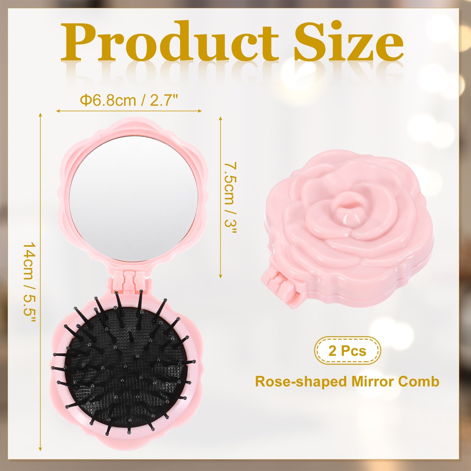 Travel Hair Brush with Mirror, Rose Shape Mini Massage Hairbrush Portable Makeup Pocket Folding for Women Girls Gym