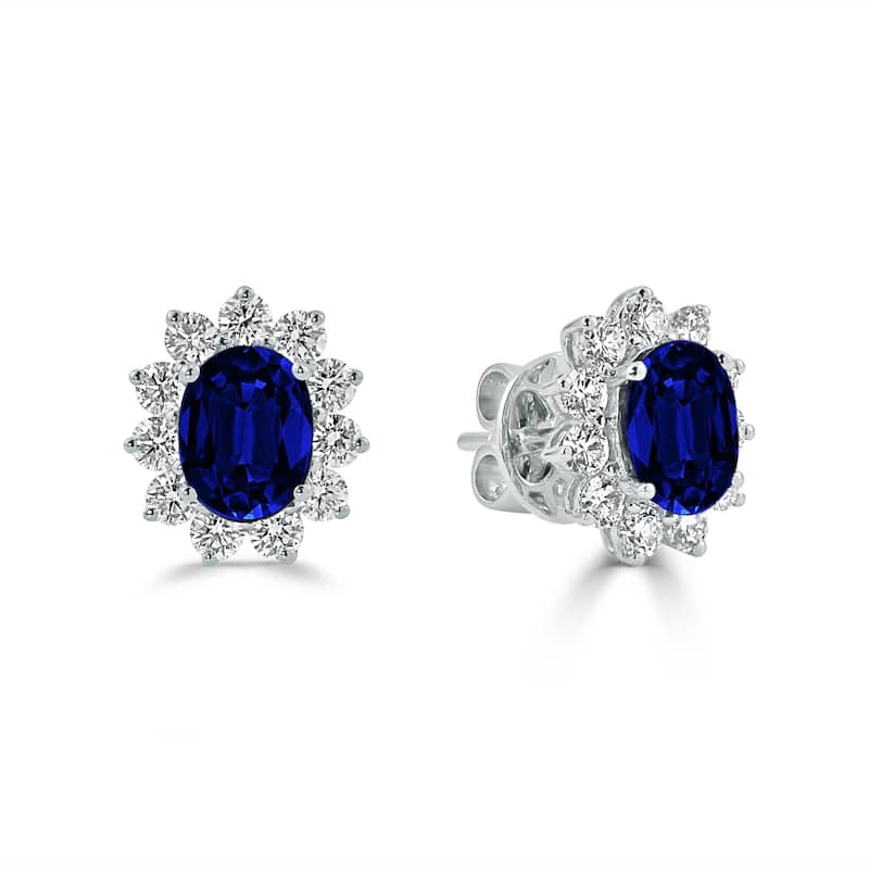 Auriya Iconic 3ct Royal Blue Sapphire Oval and 1 1/4ct Diamond Halo Stud Earrings 18k Gold