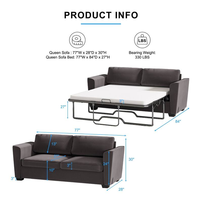 MIxoy Modern Velvet Queen Size 2-in-1 Pull Out Sleep Sofa Bed